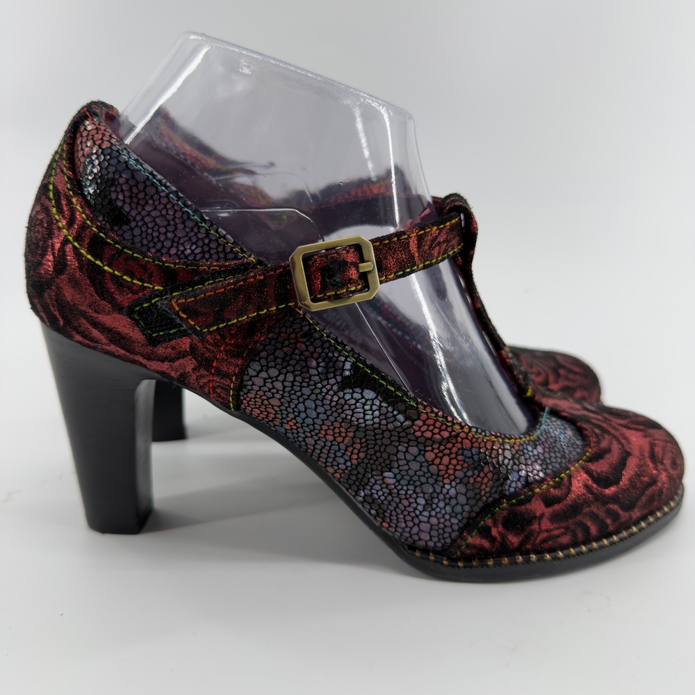 L'Artiste Spring Step Mazie Metallic Floral Leather T-Strap Pumps Red Multi 37